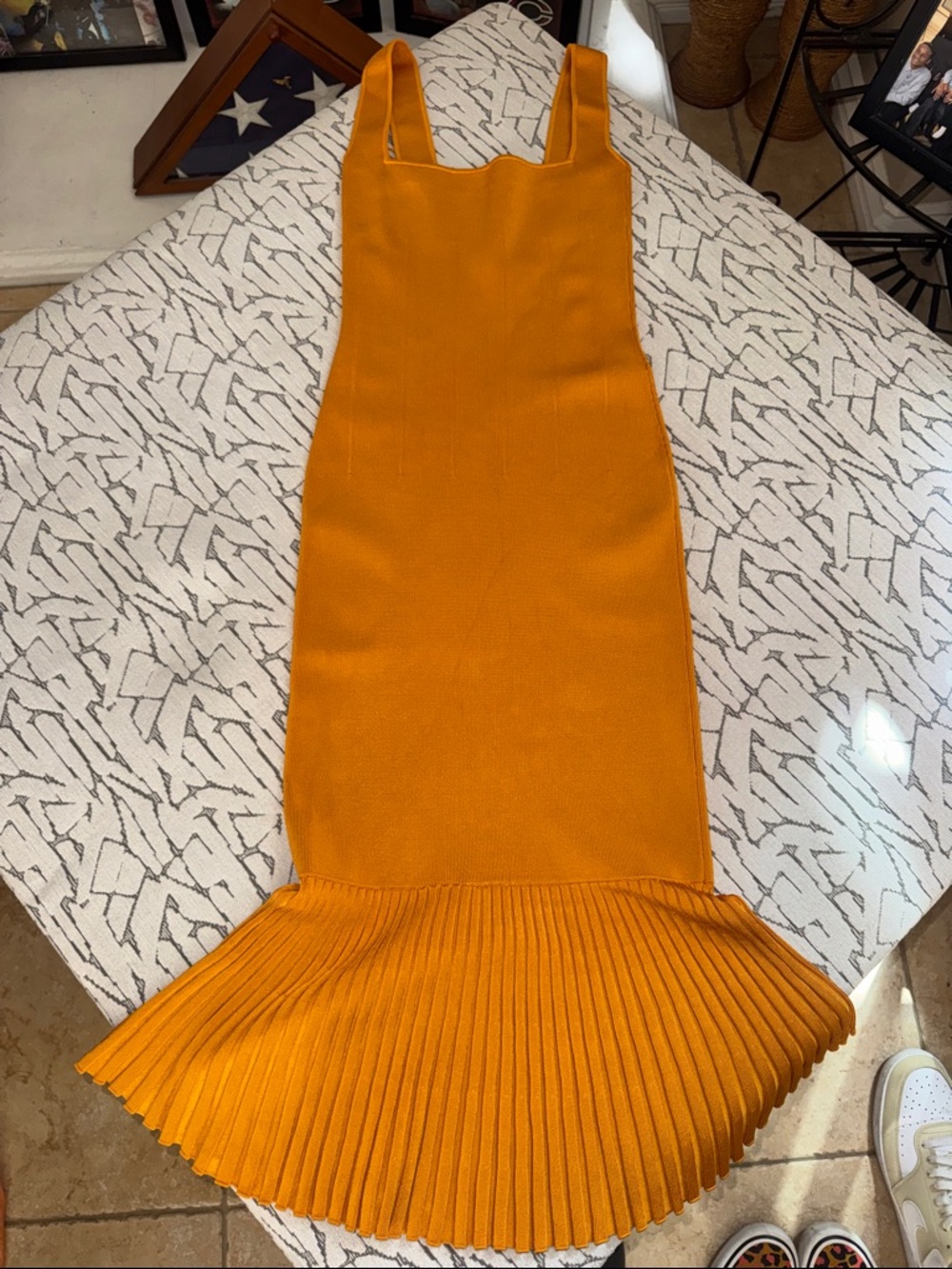 Galvan London Ribbed Knit Fishtail Midi Dress – Orange / Marigold – Pleated Hem